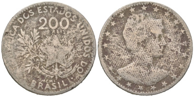 Бразилия 200 реалов 1901 MCMI, голова свободы вправо KM 504 медно-никель 4612-122