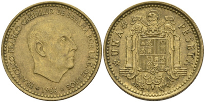 Испания 1 песета 1966 (68) Франсиско Франко (1939 - 1975) KM 796 алюминиевая бронза 4155-351
