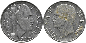 ИТАЛИЯ 20 ЧЕНТЕЗИМО 1940 R, ВИКТОР ИМАНУИЛ, XVIII ГОД, НЕМАГНИТНАЯ KM 75d нержавеющая сталь 83-1236