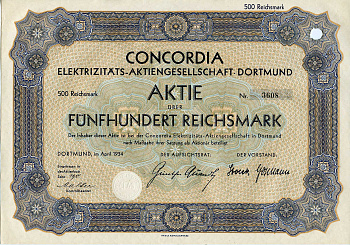 Германия 500 рейхсмарок 1934 АО Электрическая компания Конкордия, Дортмунд, акция   бумага   8803-23-1