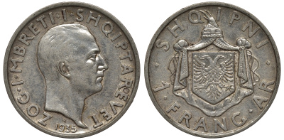 Албания 1 франга ари 1935 R, Ахмет Зогу I (1928-1939) KM 16 серебро 441-1522