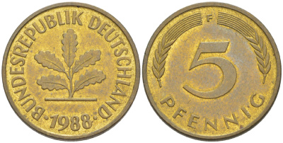 ФРГ 5 ПФЕННИГОВ 1988 F KM 107, J. 382 сталь плакированная латунью 4181-1028