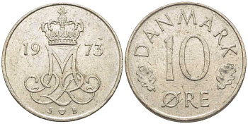 ДАНИЯ 10 ЭРЕ 1973 S; B, МАРГРЕТЕ II (1972-) KM 860.1 медно-никель 116-235