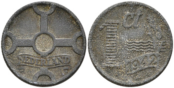 Нидерланды 1 цент 1942 Вильгельмина (1890-1948) KM 170 цинк 3458-157
