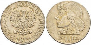 ПОЛЬША 10 ЗЛОТЫХ 1971 MW, ТАДЕУШ КОСТЮШКО KM 50a медно-никель 4403-621