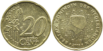 Нидерланды 20 евроцентов 2003 Беатрикс (1980-2013) KM 238 латунь UNC 4391-325