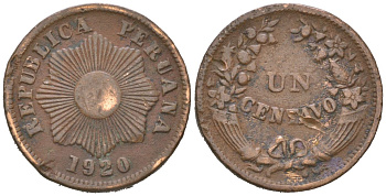 Перу 1 сентаво 1920 KM 211 бронза 4564-559