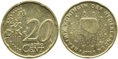 Нидерланды 20 евроцентов 2003 Беатрикс (1980-2013) KM 238 латунь UNC 4391-325