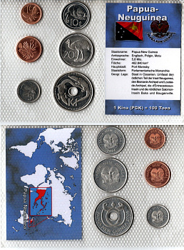 Папуа-Новая Гвинея набор из 6 монет (1, 2, 5, 10 и 20 тойя; 1 кина) 2004, 2005 и 2006 в красочной упаковке с информацией о стране KM 1, 2, 3a, 4a, 5a и 6a UNC 2-6-3-97