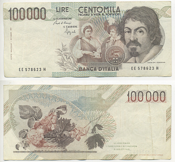 Италия 100000 лир 1983 Караваджо, фруктовый букет, подпись Speziali Pick 110b бумага 7220-13-2