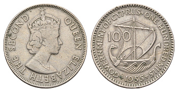 Кипр 100 милей 1955 Елизавета II (1952-2022) KM 37 медно-никель 84-233