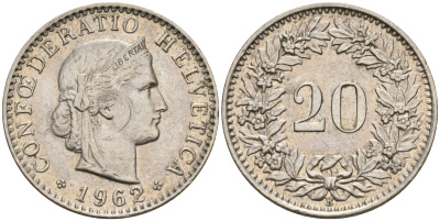 Швейцария 20 раппенов 1962 В KM 29а медно-никель    4153-311