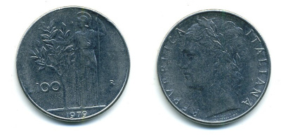 ИТАЛИЯ 100 ЛИР 1979 R, АФИНА KM 96.1 нержавеющая сталь 25-936