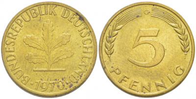 ФРГ 5 ПФЕННИГОВ 1970 G KM 107 J. 382 сталь плакированная латунью 3955-562