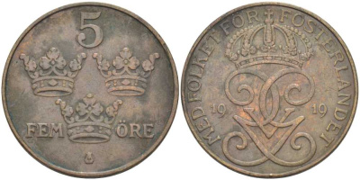 Швеция 5 эре 1919 Густав V (1907-1950) KM 779.2 бронза 180-1226