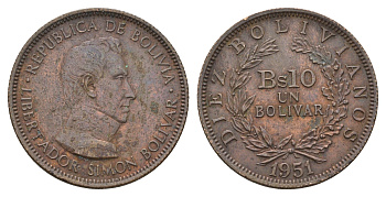 Боливия 10 боливиано 1951 год-тип KM 186 бронза 91-417