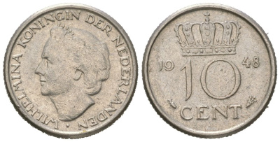 Нидерланды 10 центов 1948 Вильгельмина (1895-1948) KM 177 никель 4173-856