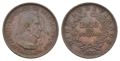 Боливия 10 боливиано 1951 год-тип KM 186 бронза 91-417