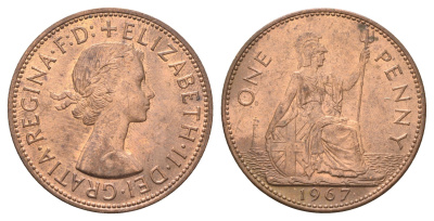 Великобритания 1 пенни 1967 Елизавета II (1952-2022) KM 897, Spink 4157 бронза UNC 4661-1023