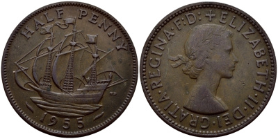 Великобритания 1/2 пенни 1955 Елизавета II (1952-2022) KM 896, Spink 4158 бронза 51-2021