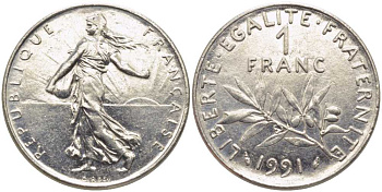 ФРАНЦИЯ 1 ФРАНК 1991 СЕЯТЕЛЬ KM 925.1, LE FRANC 226.36 никель 117-236