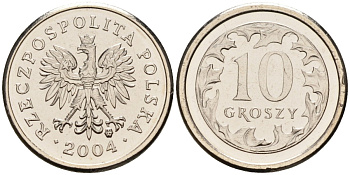 Польша 10 грошей 2004 MW KM 279 медно-никель UNC 02-264-34