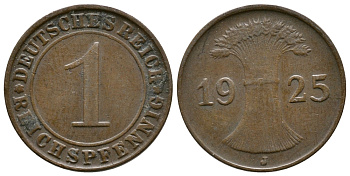 ГЕРМАНИЯ 1 РЕЙХСПФЕННИГ 1925 J KM 37, J. 313 бронза 4380-1136