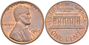 США 1 ЦЕНТ 1967 ЛИНКОЛЬН KM 201 медь цинк 187-634