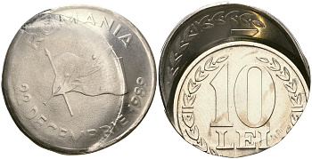 Румыния 10 леев 1990-1992 технологический брак монетного двора KM 108 сталь плакированная никелем  UNC  441-421