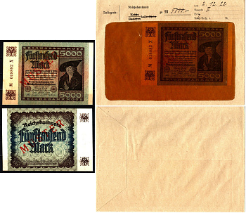 Германия 5000 марок 1922 2 декабря, MUSTER, образец, Specimen. В оригинальном банковском конверте. Из коллекции Отто Сейфферта (помощник Ялмара Шахта - министра экономики Германии и президента Рейхсбанка времен третьего рейха) Pick 81 s, Grabowski DEU 91 