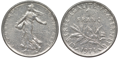 Франция 1 франк 1971 сеятель KM 925.1 никель 25-2355