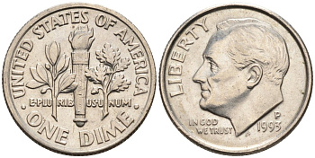США 10 центов = дайм 1993 P, Рузвельт КМ 195а медь плакированная медно-никелем 4567-621
