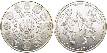 Португалия 1000 эскудо 1997 танец Политейрош KM 704 серебро 1521-1345
