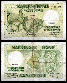 Бельгия 50 франков = 10 бельгас 1942 Pick 106(3) бумага 7457-28-1-1