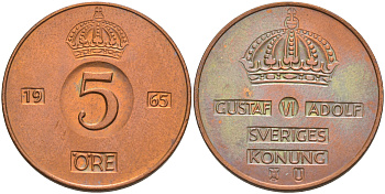 Швеция 5 эре 1965 U, Густав VI Адольф (1950-1973) KM 822 бронза 4111-135
