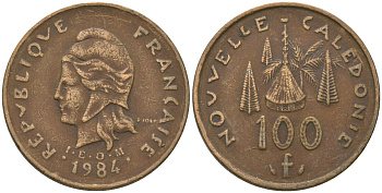 Французская Новая Каледония 100 франков 1984 хижина среди сосен и пальм, (IEOM) KM 15, Schoen 16, Lec 134 никель латунь 4137-812