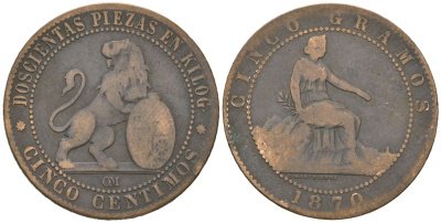 Испания 5 сентимо 1870 ОМ, лев со щитом KM 662 бронза 92-1014