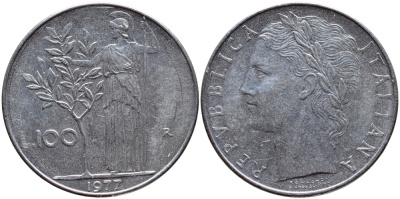ИТАЛИЯ 100 ЛИР 1977 R , АФИНА KM 96.1 нержавеющая сталь 4394-623