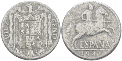 ИСПАНИЯ 10 СЕНТИМО 1941 РЫЦАРЬ НА КОНЕ KM 766 алюминий 87-654
