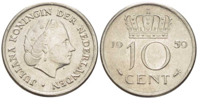 НИДЕРЛАНДЫ 10 ЦЕНТОВ 1959 ЮЛИАНА KM 182 никель 66-828