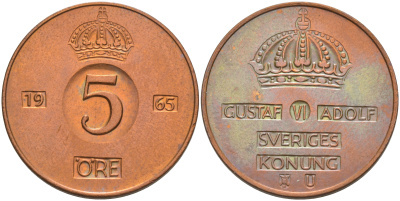 Швеция 5 эре 1965 U, Густав VI Адольф (1950-1973) KM 822 бронза 4111-135