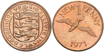 Гернси 1 пенни 1971 Елизавета II (1952-2022), северная олуша в полете KM 21 бронза 4152-1268