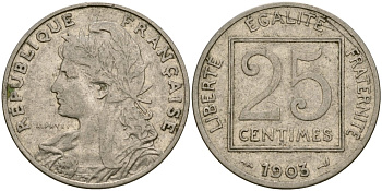 Франция 25 сантимов 1903 Patey 1er Type KM 855, Le Franc 168.3 никель 51-3134