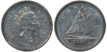 Канада 10 центов 1998 парусник, Елизавета II (1952-) KM 183 никель 4124-521