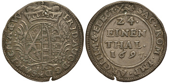 САКСОНИЯ 1/24 ТАЛЕРА 1697 IK, ФРИДРИХ АВГУСТ I (1694-1733), С ОТВЕРСТИЕМ KM 645, Kahnt 186, Kohl 405, Slg. Merseburger 1618. серебро 4513-144