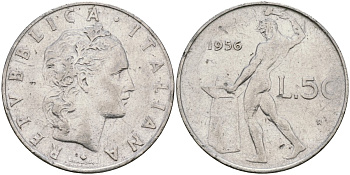 Италия 50 лир 1956 R, бог огня Вулкан у наковальни KM 95.1 нержавеющая сталь 4171-1016