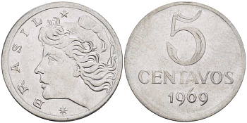Бразилия 5 сентаво 1969  голова свободы влево KM 577.2, Schon 82a нержавеющая сталь 58-551