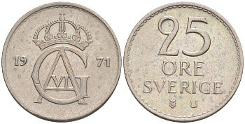 Швеция 25 эре 1971 Густав VI Адольф (1950-1973) KM 836 медно-никель UNC 187-841