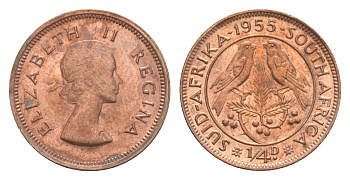 ЮАР 1/4 пенни (фартинг) 1955 Елизавета II (1952-2022) KM 44 бронза UNC 4596-232