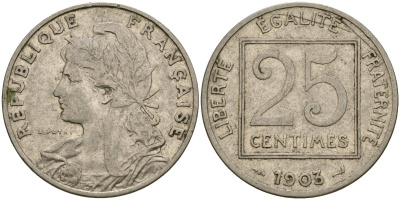 Франция 25 сантимов 1903 Patey 1er Type KM 855, Le Franc 168.3 никель 51-3134